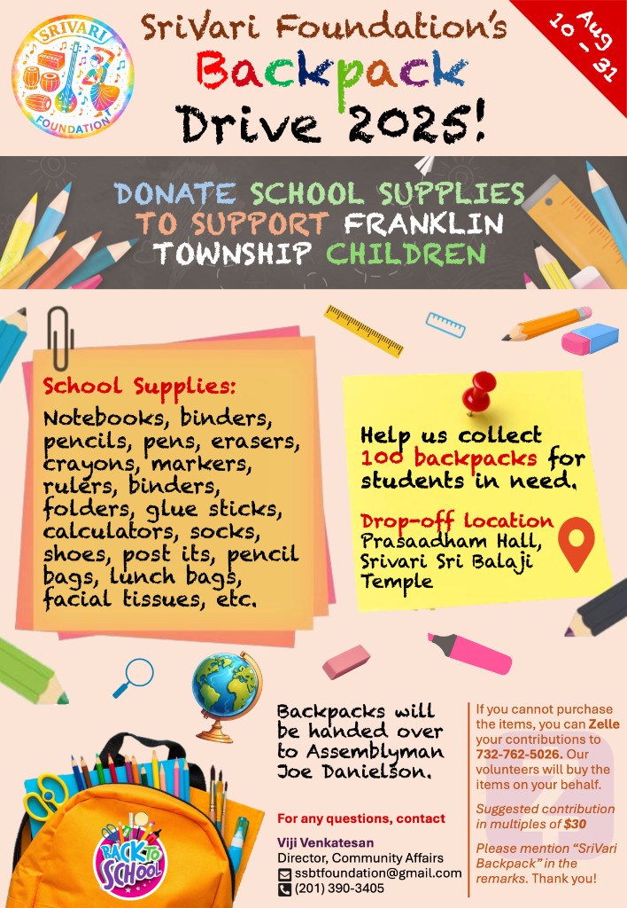 Srivari Foundation's Backpack Drive 2025 - August 10-31